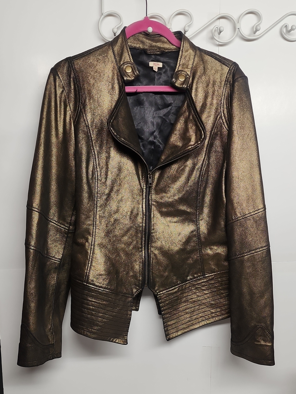 REBA Western Metallic Bronze/Gold Goat Leather Moto Black Lining Jacket Size L - Picture 1 of 9